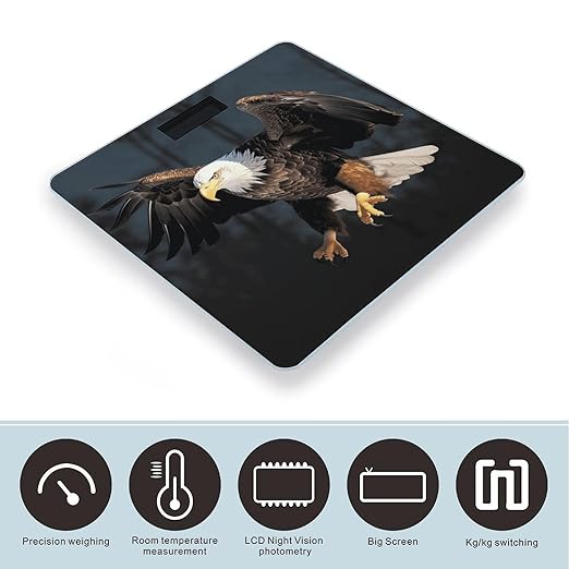 3D Bald Eagle Scale for Body Weight Safe Rounded Corners Tempered Glass Digital Bathroom Scale LED Display 400lb Capacity Weight Scales with High Precision Sensors