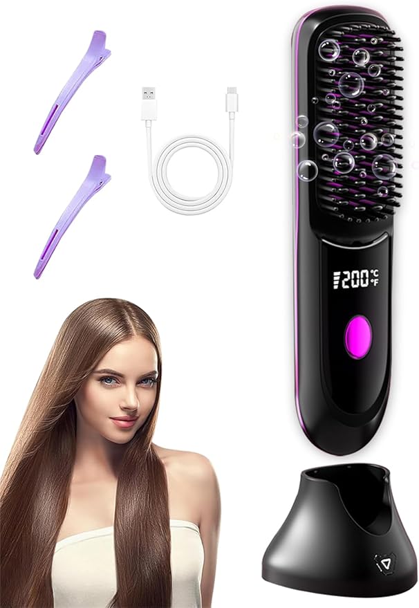 Go Brush Pro Hair Straightener – Cordless Comb with Negative Ion 6000mAh Fast Heating &amp Portable Travel Design Rechargeable Brush for Straightening and Curling (Black-1Pcs)