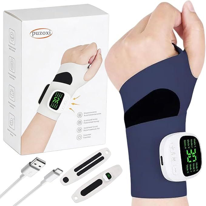 Wrist Massager for Carpal Tunnel Rechargeable Adjustable Electric Portable Cordless Hand Heating Pad with 8 Modes 30 Intensity Levels Detachable Magnetic Massage Unit for Hand Pain Relief(Navy blue)