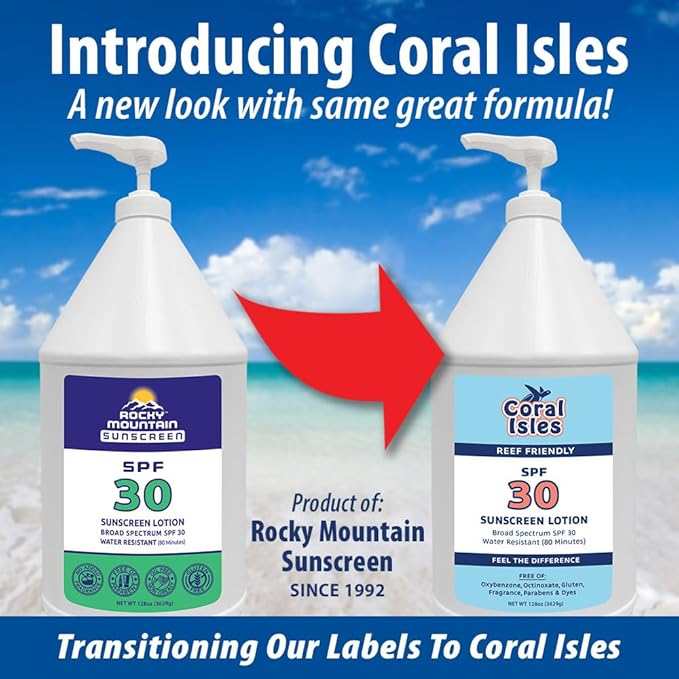 Coral Isles by Rocky Mountain Sunscreen | SPF 30 Lotion | Broad Spectrum UVA/UVB Protection | Hawaii Reef-Safe Act Compliant | Oxybenzone &amp Octinoxate Free | Water Resistant 80 Min. | 128 Fl Oz