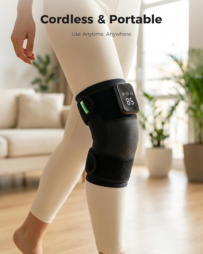 3-in-1 Knee Massager for Pain Relief with Heat Portable Heated Knee Brace with Extension Strap for Knee Elbow &amp Shoulder Cordless Rechargeable Electric Massagers for Joint Comfort (Single)