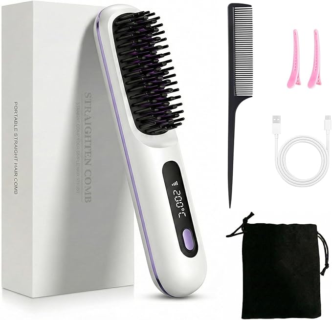 Cordless Hair Straightener Brush with 199M Negative Ions Portable Mini Straightening Comb for Travel 20s Fast MCH Ceramic Heating LCD Display Hair Tools with Bonus Storage Pouch