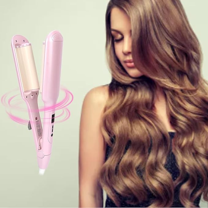 Hair Crimper- Beach Wave Hair Waver with Anti-Scald &amp Negative Ion Technology Ceramic Barrel for Tangle-Free Waves on All Hair Types Pink