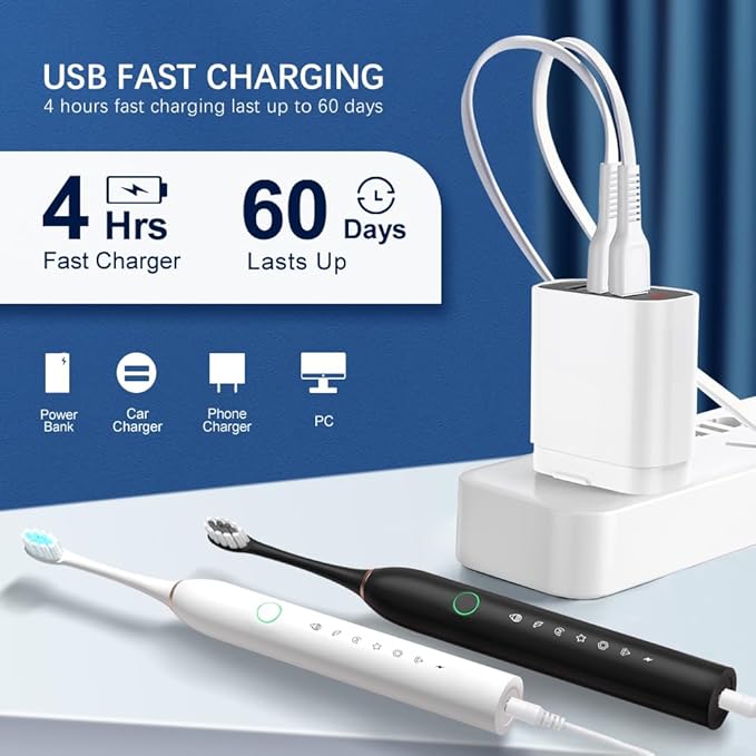 SENWEN 2 Pack Rechargeable Electric Toothbrush with 8 Brush Heads 6 Cleaning Modes Waterproof 2 Minute Timer Black&ampWhite