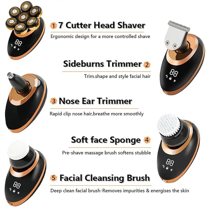 Head Shaver for Men 5 in 1 Men 7D Floating Men Electric Shaver Wet Dry Beard Hair Trimmer Electric Razor Rechargeable Bald Head Shaving Machine LCD Display