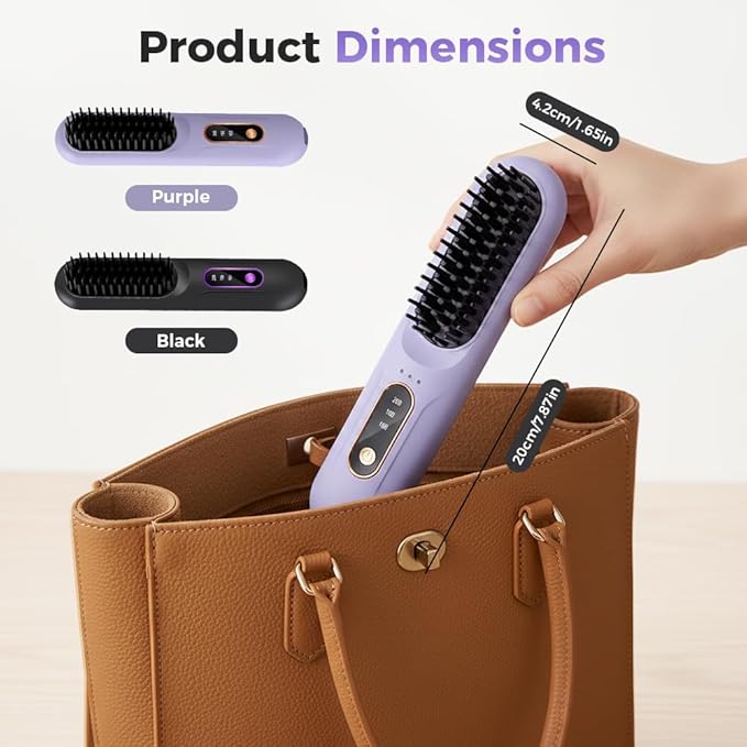Hair Straightener Brush2026 New Portable Straightener Brushs for Travel Fast Heating Cordless Mini Hair Straightening Brush with LCD Temperature Display (Purple)
