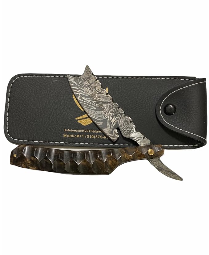 Hand Made Damascus Steel Straight Razor shaving razor folding knife Ready Classic Barber Blade Edge Men Straight Razor Be Close Shave Best Great Gift (Brown)
