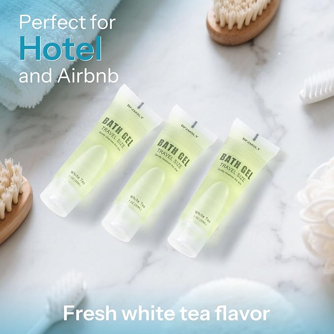 100 Pack Bulk Travel Size Body Wash 1oz Tubes White Tea Scent Mini Shower Gel for Hotel Guests TSA Approved Toiletries Individually Sealed for Airbnb Vacation Rentals