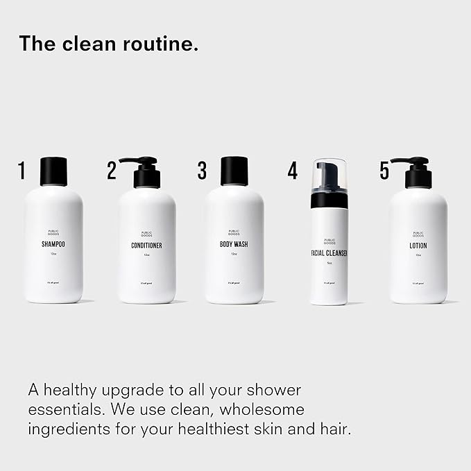 Public Goods Shower Essentials for Men and Women | Natural Shampoo Conditioner &amp Body Wash | Made with Organic Essential Oils | Sulfate &amp Paraben Free | Vegan Friendly | 12 Fl Oz Bottles