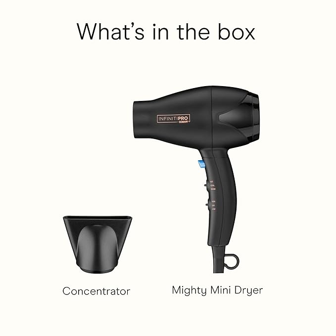 INFINITI PRO CONAIR Travel Hair Dryer 1600W Mighty Mini Compact Blow Dryer with Concentrator Attachment Lightweight Professional AC Motor for Fast Drying 3 Heat &amp 2 Speed Settings Black