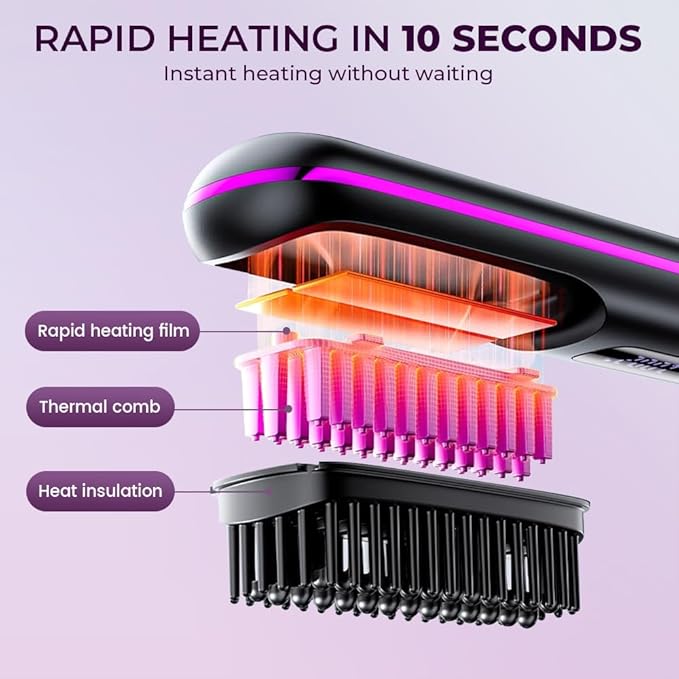 2026 Upgraded Cordless Hair Straightener Brush Fast Heating Portable Hair Straightener Comb for Women Travel Essentials with 3 Adjustable Temperature Black