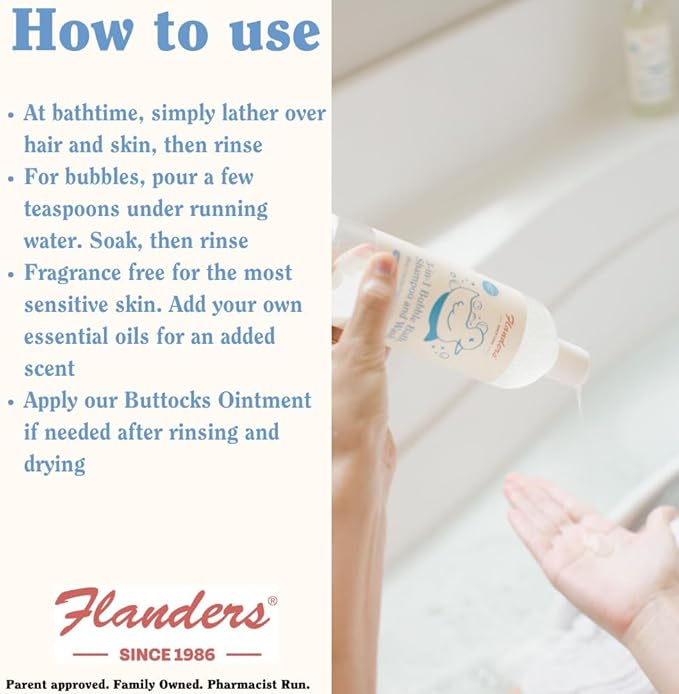 Flanders 3in1 Baby Bubble Bath Shampoo &amp Body Wash 15oz Bottles with Pump | Tear-Free Hypoallergenic Cleanser with Jojoba Coconut &amp Argan Oil Fragrance Free for Sensitive Skin 2 Pack (30o