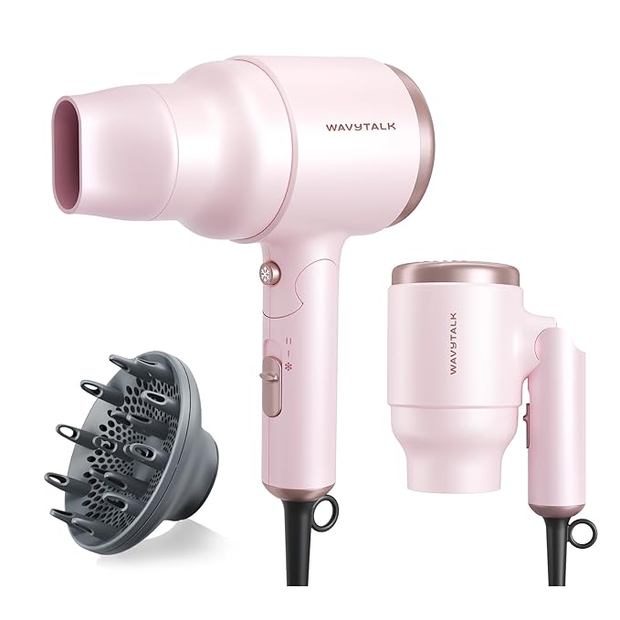 Wavytalk Blow Dryer with Diffuser Mini Hair Dryer with Folding Handle 1600W Quiet Lightweight Hairdryer with Diffuser Compact Design Pinky White