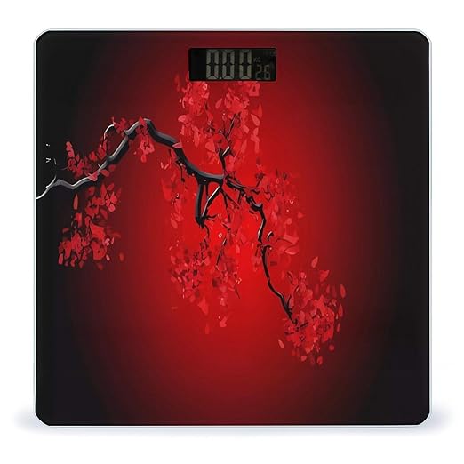 Red Cherry Blossom Scale for Body Weight Anti-Slip Tempered Glass Digital Bathroom Scales Clear LCD Display Weighing Scale Safe Rounded Corners Smart Scales
