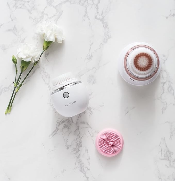 YouthLab Pure Radiance Vibrating Facial Cleansing Brush Electric 3 Modes 3 Brush Heads (2 Bristle1 Silicone) Waterproof Rechargeable Smart Timer Exfoliating Massage (Silver)