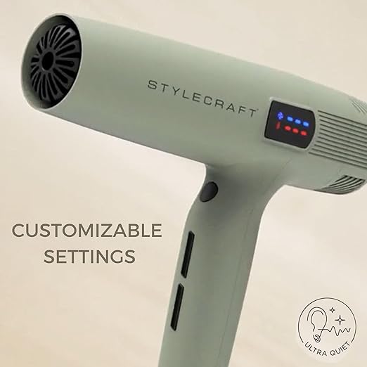 StyleCraft Professional Hair Dryer – Instinct-X with Brushless Motor &amp Digital Display Sage Lightweight Blow Dryer JetLiner x Silver Bullet with Digital Motor – Includes Nozzles &amp Diffuser