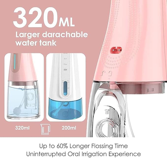 Water Flosser - Cordless Dental Irrigator Pick - Adult Oral Care Floss Kit 320ML Portable Water Tank and Rechargeable IPX7 Waterproof 6 Modes and 4 Jet Tips Water Flosser for Home and Travel