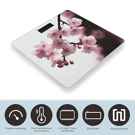Tempting Cherry Blossoms Scale for Body Weight Anti-Slip Digital Bathroom Scale Sturdy Toughened Glass Weighing Scales High Precision Safe Rounded Corners Smart Scales