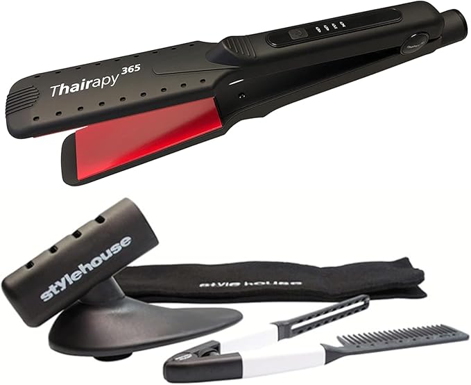 Thairapy 365 Wet or Dry Salon Quality Flat Iron Set ● 1.5 inch Extra Wide Styling Plates ● 450F to 140F Digital Temp Control - Professional Hair Straightener &amp Comb - Dual Voltage 110v-240v