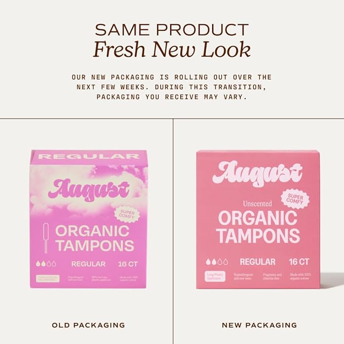 August Regular Tampons - 72-Pack 100% Organic Cotton Tampons for Women and Anyone Who Menstruates Non-Toxic Fragrance-Free and Hypoallergenic with Long Applicators (3 Boxes of 24)