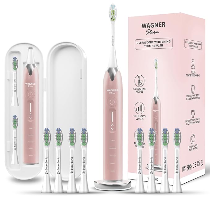 Wagner Stern Ultrasonic whitening Toothbrush with Pressure Sensor. 5 Brushing Modes and 4 Levels of Intensity 8 Soft bristles Travel case.