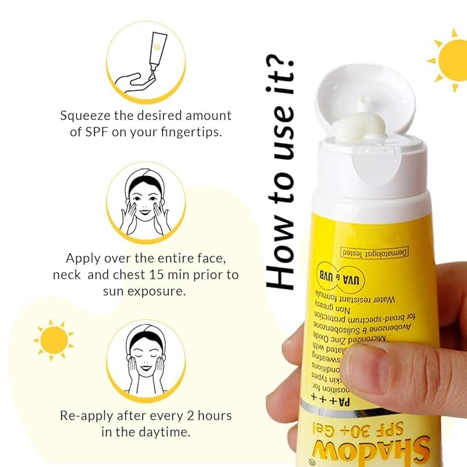 Shadow Sunscreen SPF 30+ Gel Sunscreen For Oily Skin Sun Screen Protector SPF 30 For Body &amp Face Broad Spectrum For UVA &amp UVB Protection Non Greasy &amp Water Resistant For Unisex 40g