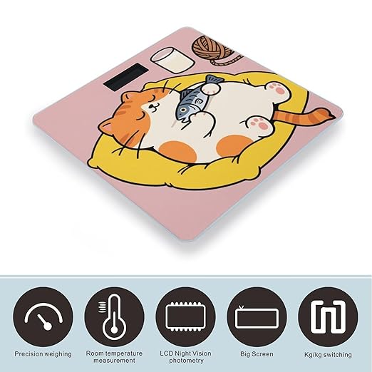 Fat Cat Printed Weight Scale Cute Bathroom Scale for Body Highly Accurate Digital Weighing Machine for People Compact LCD Display Scales with Sturdy Toughened Glass Scales