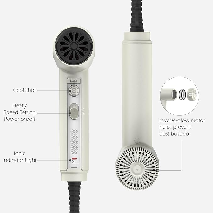 TOME Hair Dryer 1875W High-Speed EC Motor 110000 RPM Ionic Blow Dryer Fast Drying Cool Shot Lock 3 Heat 2 Speed 3 Attachments (Styling Nozzle Comb Nozzle Diffuser) 125V White