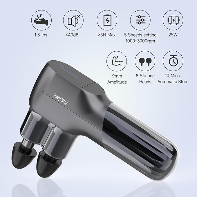 Mini Massage Gun - Deep Tissue Percussion Massager with Dual Heads 5 Speed Levels &amp 4 Attachments Portable Handheld Muscle Recovery Gun for Athletes Travel &amp Pain Relief