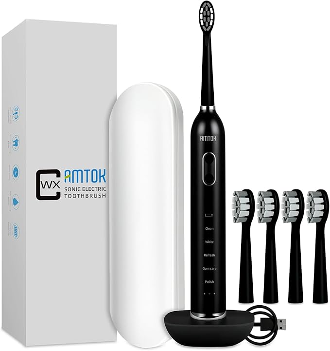 CWX Sonic Electric Toothbrush Wireless Fast Charging 5 Cleaning Modes 3 Intensity Settings 60 Days Battery Life 2 Min Smart Timer 4 Brush Heads &amp Travel Case IPX7 Waterproof