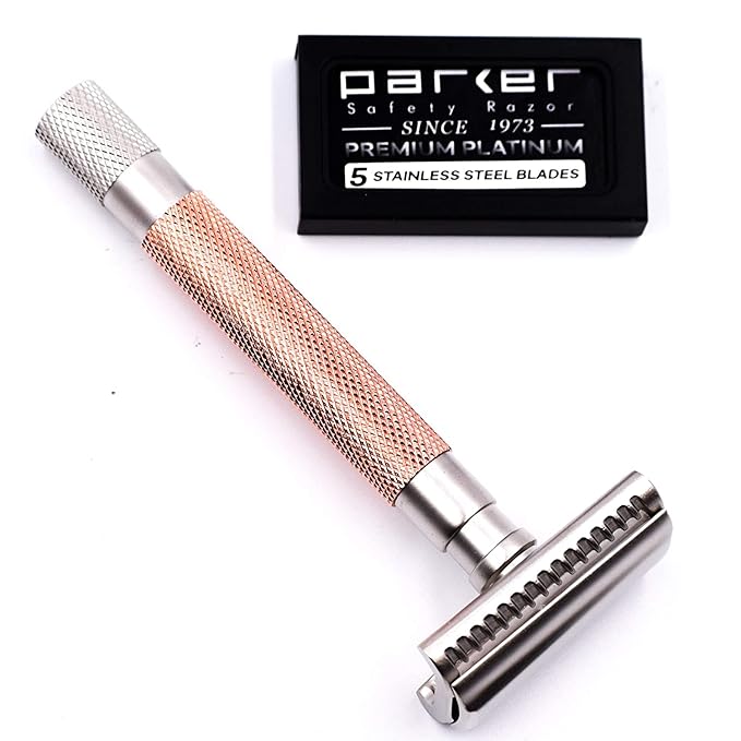 Parker Semi-Slant Safety Razor – Rose Gold Finish | Elegant DE Razor for Women &amp Men with Sensitive Skin | Slanted Head + 5 Parker Blades for Smooth Results | Iconic Brand