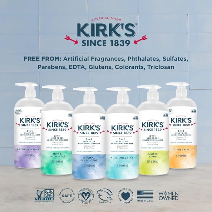 Kirk's 3-in-1 Head to Toe Nourishing Liquid Cleanser- for Men Women &amp Children - Premium Coconut Oil &amp Aloe Vera- Non GMO &amp Vegan - Citrus Twist - 32 Fl Oz. - 2 Pack
