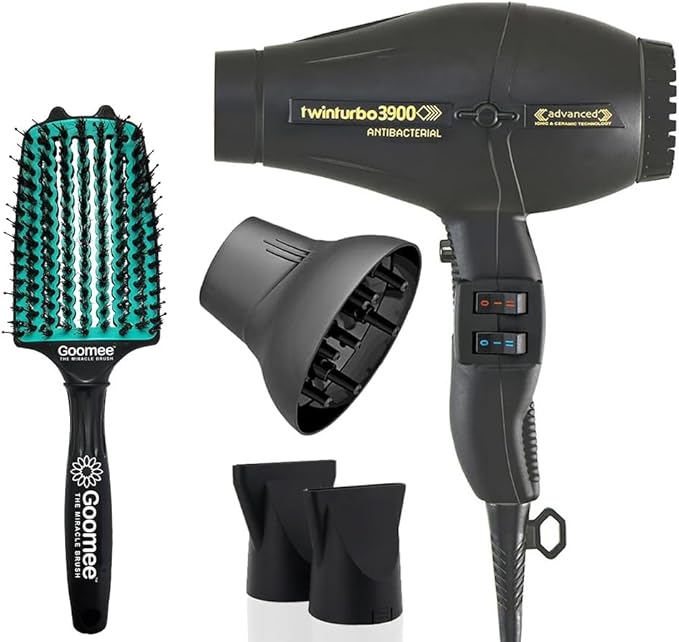 Turbo Power Twin Turbo 3900 Advanced Ionic &amp Ceramic Black Hair Dryer with Miracle Large Detangling Brush Mint Green – Eco-Friendly Blow Dryer and Dual Bristle Brush for Smooth Frizz-Free Shiny