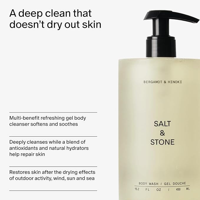 Salt &amp Stone Body Wash with Antioxidants for Deep Moisture | For Women &amp Men Sulfate Paraben &amp Dye Free Leaving Skin Soft and Hydrated | Bergamot &amp Hinoki 15.2 fl oz