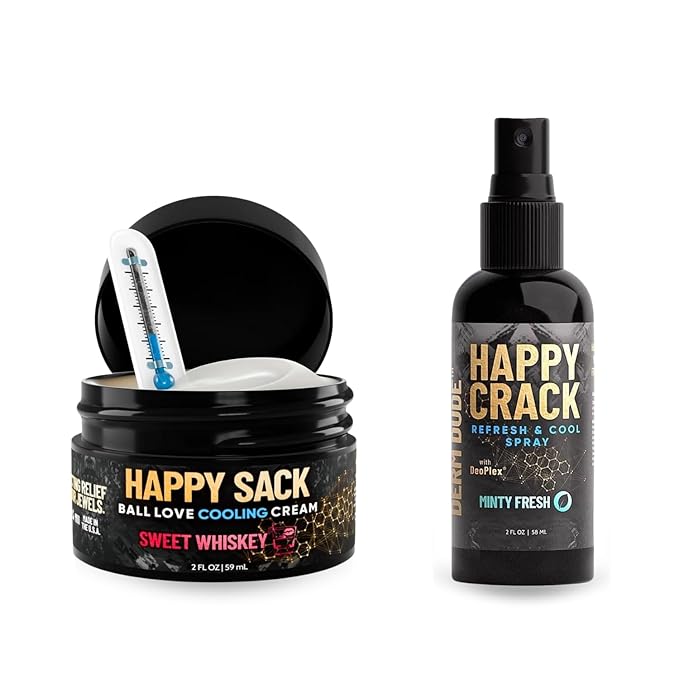 Derm Dude Below-the-Belt Bundle for Men | Happy Sack Deodorant &amp Comfort Cream 2oz + Happy Crack Refreshing Spray 2oz | Odor Control Cooling Comfort DeoPlex &amp Witch Hazel Blend