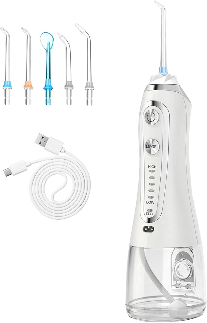 Portable Water Dental Flosser Cordless Rechargeable Dental Oral Irrigator IPX7 Waterproof Teeth Cleaner with 5 Modes 5 Nozzles 10.14oz Detachable Wate