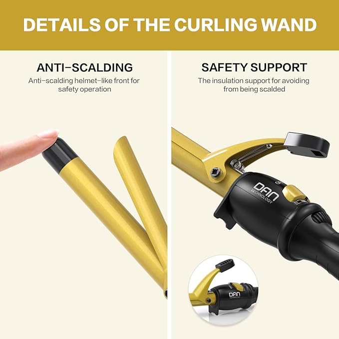 DAN Technology 3/4 Inch Curling Iron Wand for Classic Natural Curls Tourmaline Ceramic Hair Curler with 180°F–430°F Adjustable Temperature Fast Heating Dual Voltage Auto Shut-Off Black &amp Gold
