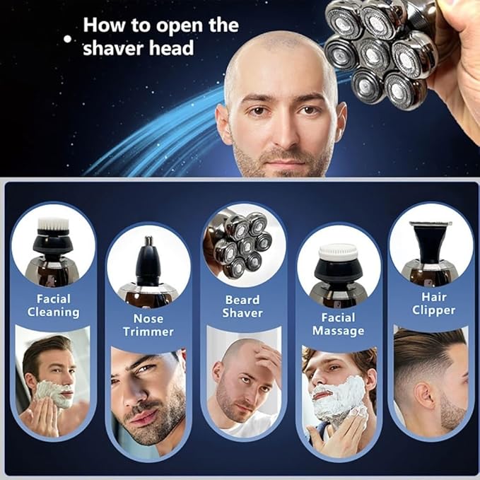 Head Shaver for Men 5 in 1 Electric Head Shaver for Bald Men 7D Floating Cutter Beard Trimmer Clipper IPX5 Waterproof Shaving USB Wireless Charging