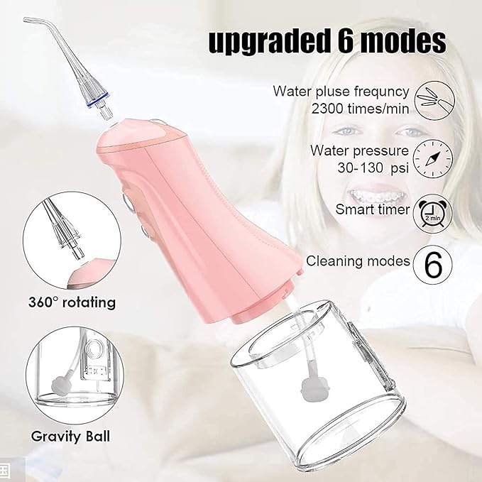 Water Flosser - Cordless Dental Irrigator Pick - Adult Oral Care Floss Kit 320ML Portable Water Tank and Rechargeable IPX7 Waterproof (Color : Pink)