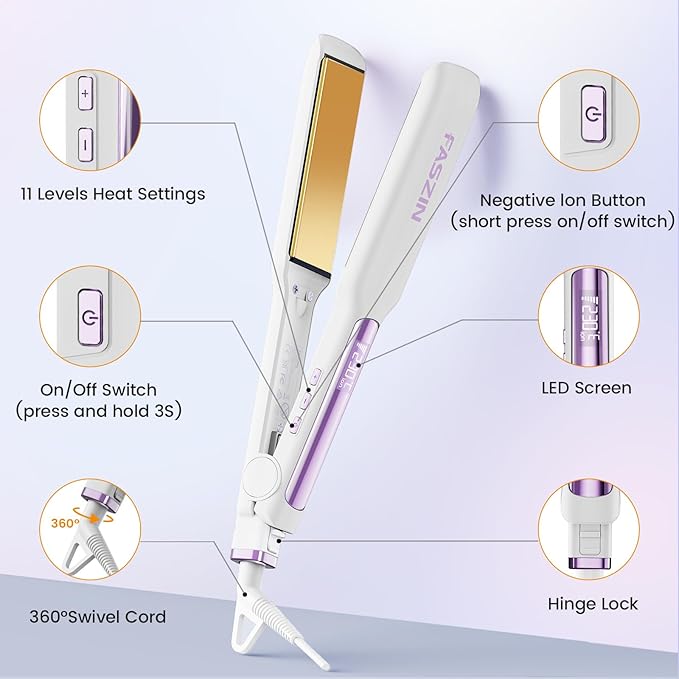 Faszin Professional Hair Straightener 1.65inch Wide-Plate Titanium Negative Ion Flat Iron 30s Rapid Heating LED Temp Display Wide Voltage &amp 10 Adjustable Temp Levels (260-450℉)-Cream-White