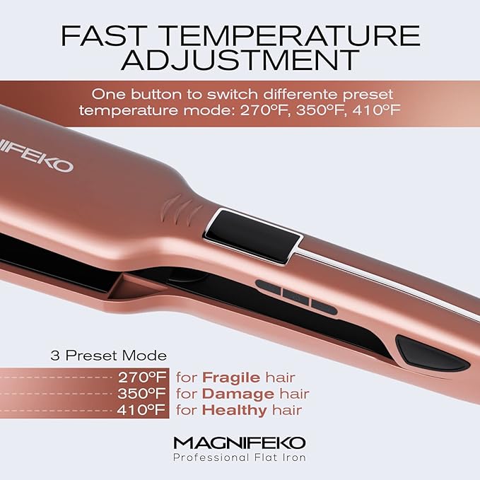 Professional Flat Iron Hair Straightener Wide Plate &amp Digital Display - Dual Voltage Titanium Hair Straighteners (Rosegold)