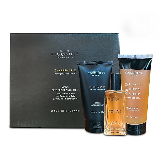 Pecksniff's Fragrance Gift Sets Luxurious Handcrafted in England (Men's Charismatic Trio: Eau de Toilette Aftershave Balm Cleansing Gel Set)