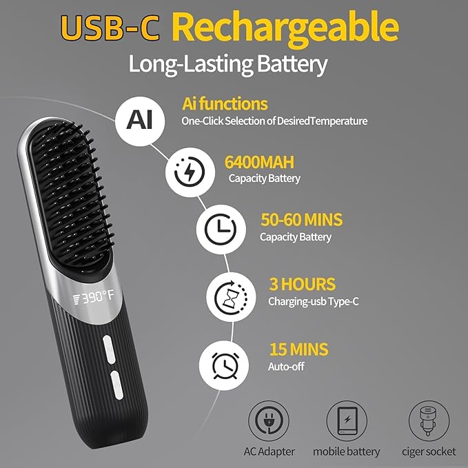 2-in-1 Cordless Hair Styling Brush &amp Straightener - Smart with 4 Temperature Settings Fast 30-Second Heating USB Rechargeable Travel Flat Iron with Pouch Ceramic Plates (Black)