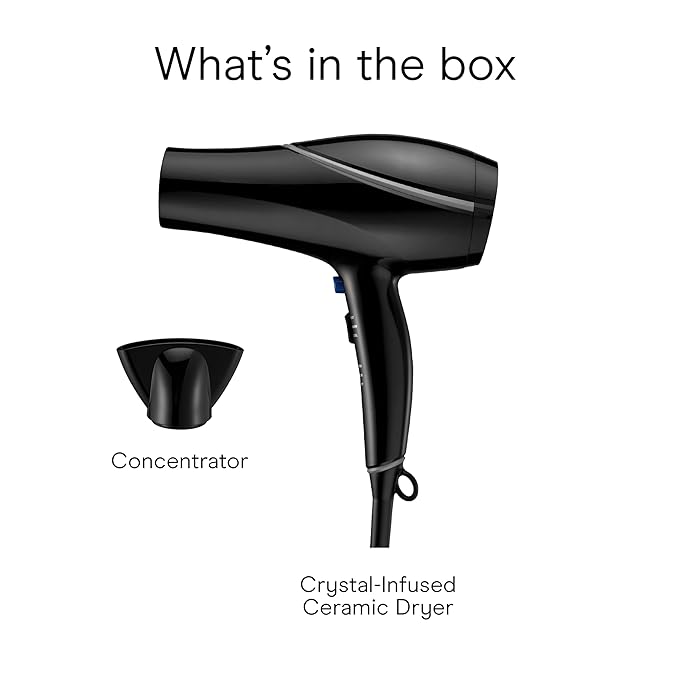 Conair Hair Dryer Style &amp Shine Natural Crystal Collection 1875W Hairdryer 3 Heat Settings 2 Speeds Blow Dryer with Concentrator Attachment Ionic &amp Hematite-Infused Ceramic Technology Bl