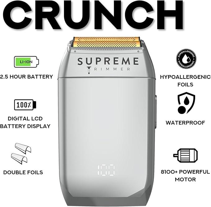Supreme Trimmer Crunch STF602 – Waterproof Double Foil Shaver for Men | 150 Min Runtime Wet/Dry Cordless &amp Corded Electric Razor | Hypoallergenic Foils for Face Head &amp Stubble