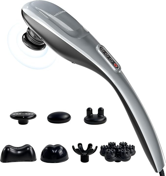 MEGAWISE Handheld Back Massager | Deep Tissue Percussion Massage for Back Neck Shoulders Waist and Legs (Silver Grey) with 6ft Power Cord Ergonomic Handle