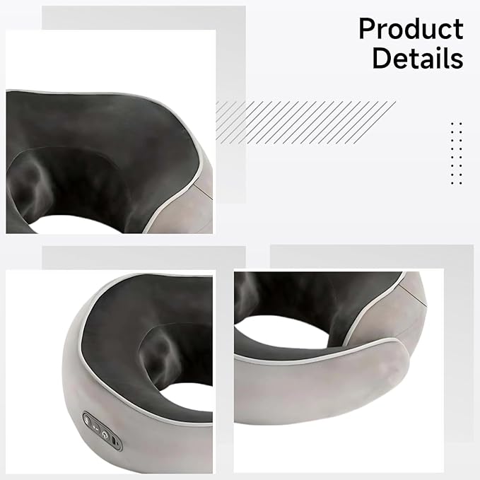 Gray Heated Massage Pillow for Neck Electric Shiatsu Cordless Massager 10.2 in / 26 Cm Size Velvet Memory Foam 4 Modes O-Shaped Travel-Friendly