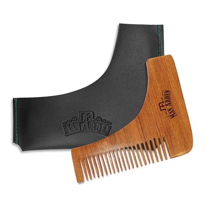 Man Arden Neem Wooden L Shaped Beard Comb with Rich Leather Pouch