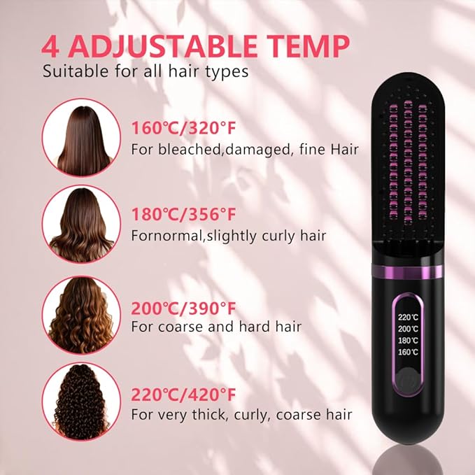 Cordless Hair Straightener Brush Mini Negative Ion Hot Comb for Travel 30Mins Auto-Off USB Rechargeable Fast Heating 4 Temperature Settings