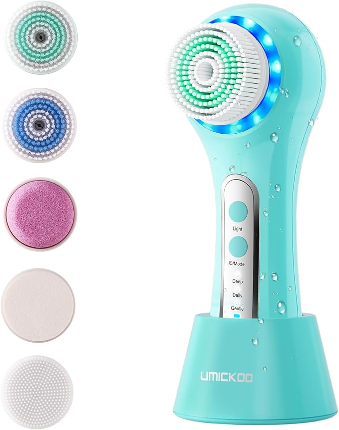 Electric Facial Cleansing Brush 2-Way Rotating Face Scrubber for Daily &amp Deep Cleaning 3 Modes 5 Brush Heads Rechargeable IPX7 Waterproof for All Skin Types